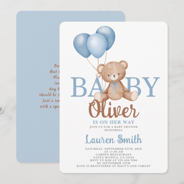 Bear Baby Shower Boy-inbjudan Inbjudningar (Fram/baksida)