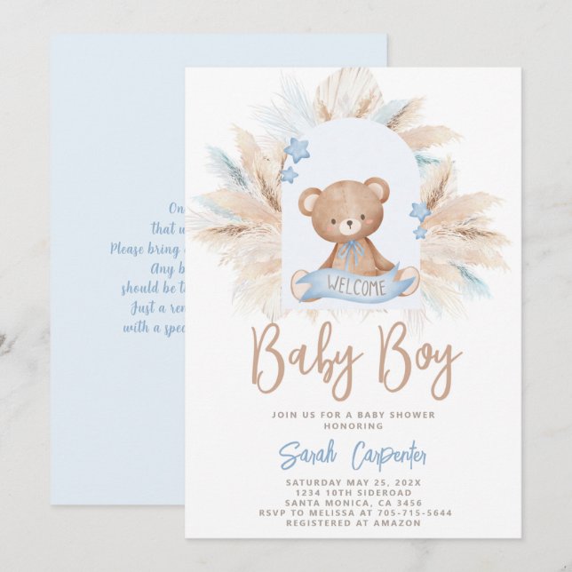 Bear Baby Shower Boy-inbjudan Inbjudningar (Fram/baksida)