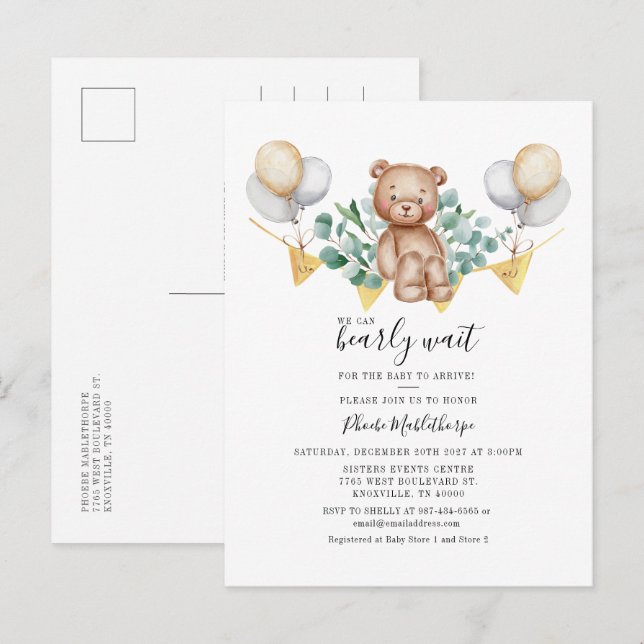 Bear Baby Shower Eucalyptus Woodland Animal Inbjudan Vykort (Fram/baksida)