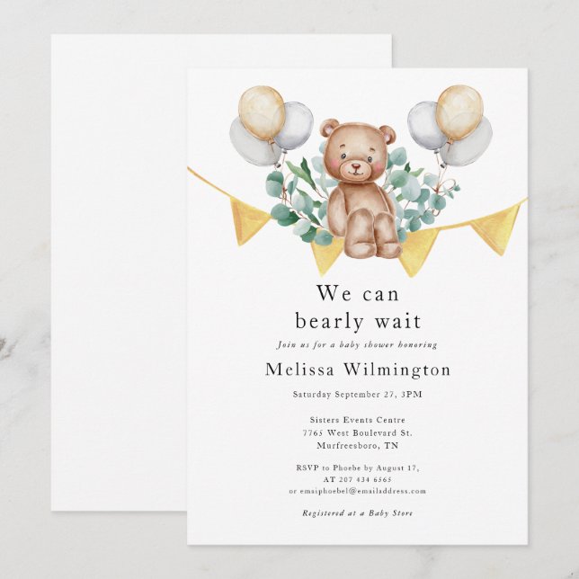 Bear Baby Shower Eucalyptus Woodland Animal Inbjudningar (Fram/baksida)