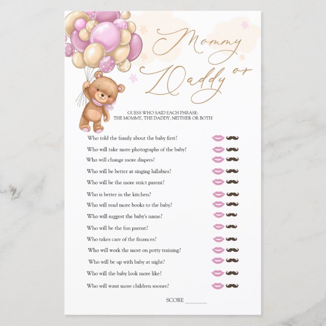 Bear Baby Shower Game Gissa Vem Mamma eller pappa (Framsida)