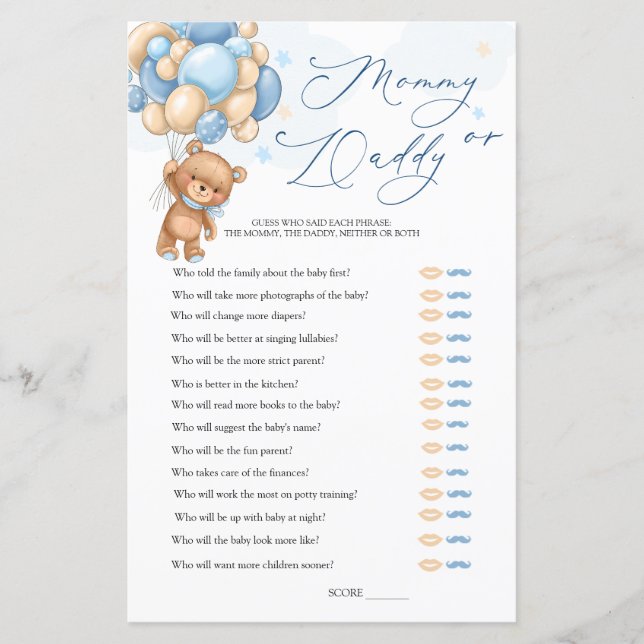 Bear Baby Shower Game Gissa Vem Mamma eller pappa (Framsida)