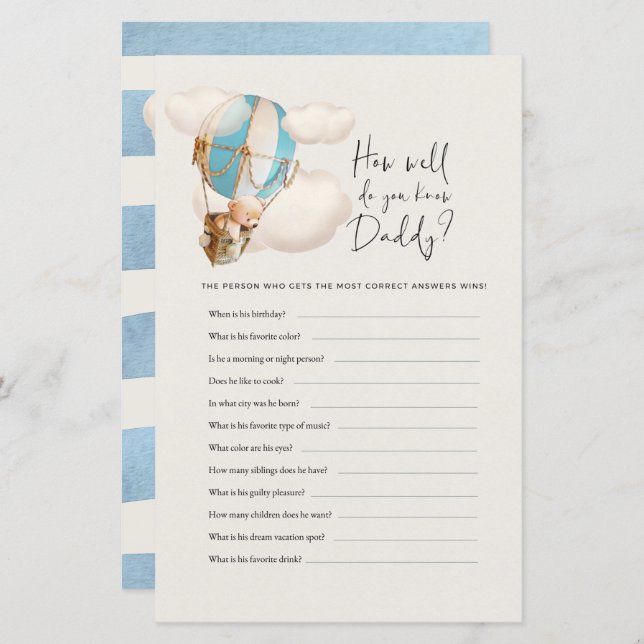 Bear Baby Shower Game - Hur bra känner du pappa? (Fram/baksida)