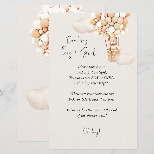 Bear Baby Shower Game - säg inte pojke eller flick (Fram/baksida)
