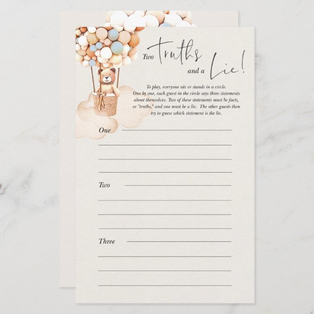 Bear Baby Shower Game - två sanningar och en Ljug! (Fram/baksida)