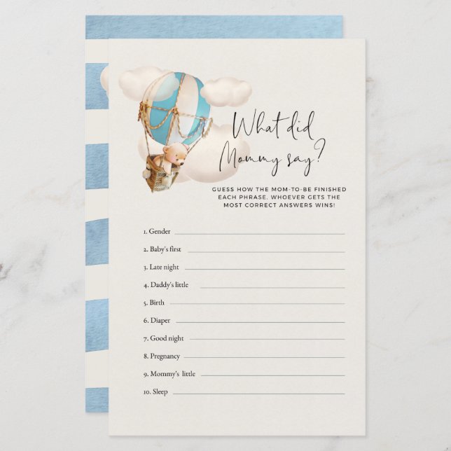 Bear Baby Shower Game - vad sa Mamma? (Fram/baksida)