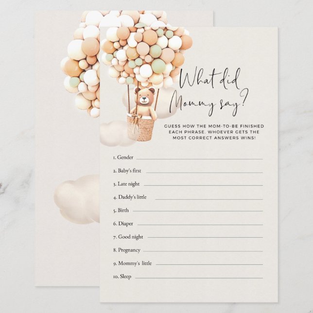 Bear Baby Shower Game - vad sa Mamma? (Fram/baksida)