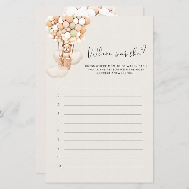 Bear Baby Shower Game - var var var hon? (Fram/baksida)