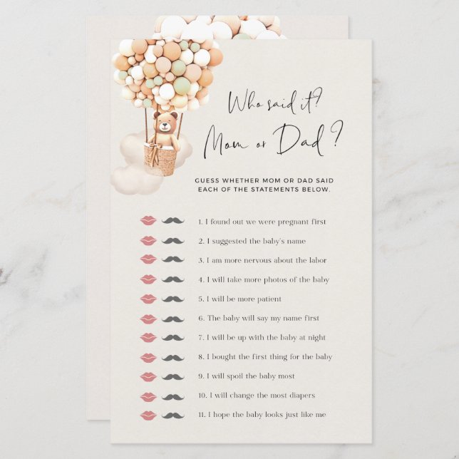 Bear Baby Shower Game - Vem sa det - Mamma eller P (Fram/baksida)