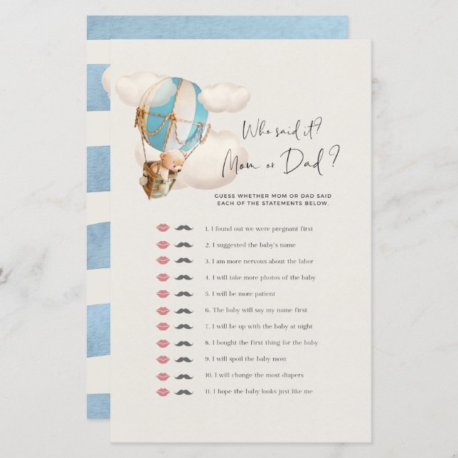 Bear Baby Shower Game - vem sa det? Mamma eller Pa (Fram/baksida)