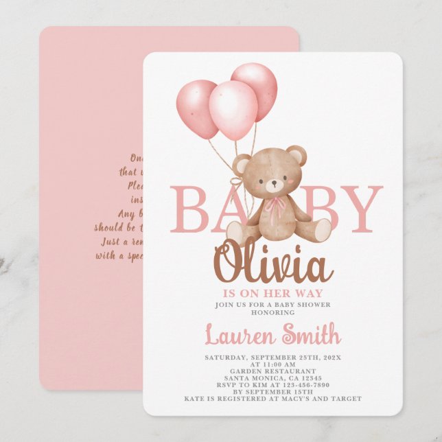 Bear Baby Shower Girl-inbjudan Inbjudningar (Fram/baksida)