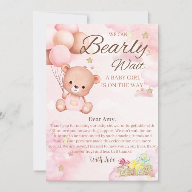 Bear Baby Shower Girl Tack Kort (Framsida)