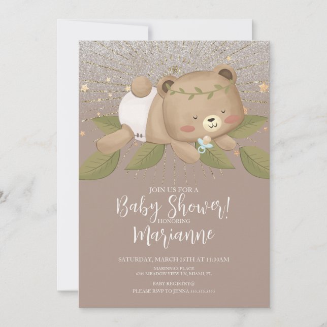 Bear Baby Shower Glitter Bohemian Stars Guld Inbjudningar (Framsida)