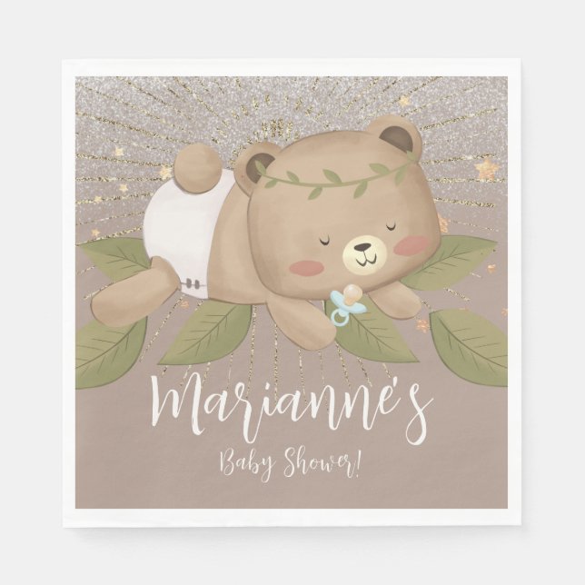 Bear Baby Shower Glitter Bohemian Stars Guld Pappersservett (Framsidan)