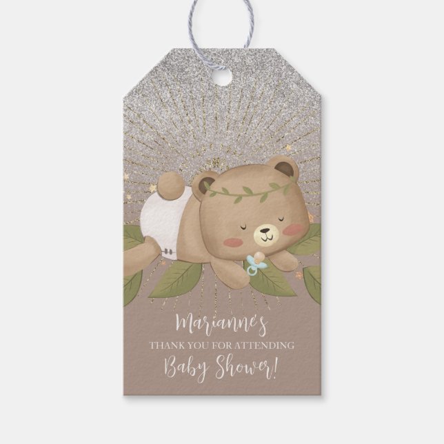 Bear Baby Shower Glitter Bohemian Stars Guld Presentetikett (Framsidan)