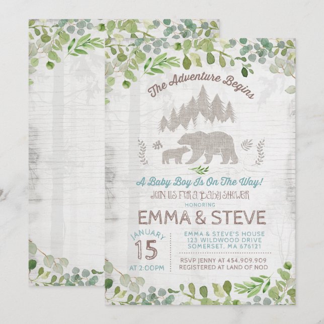Bear Baby Shower-inbjudan Äventyr börjar Inbjudningar (Fram/baksida)