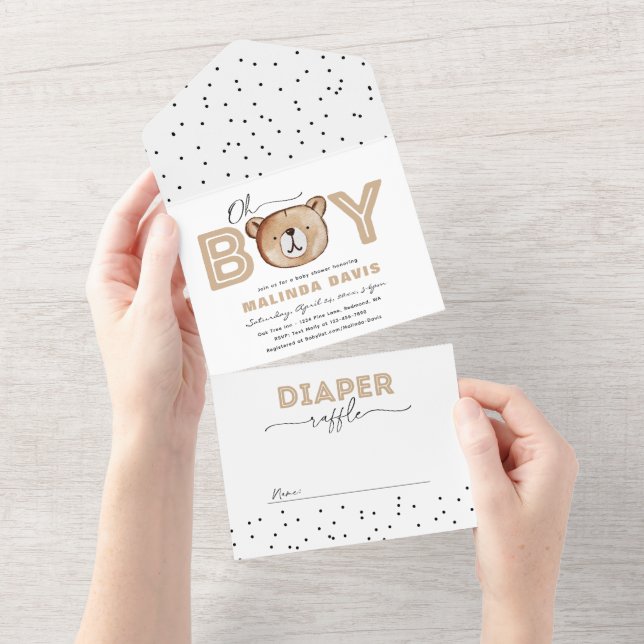 Bear Baby Shower-inbjudan + löstagbart omfång i et (Avrivbar del)