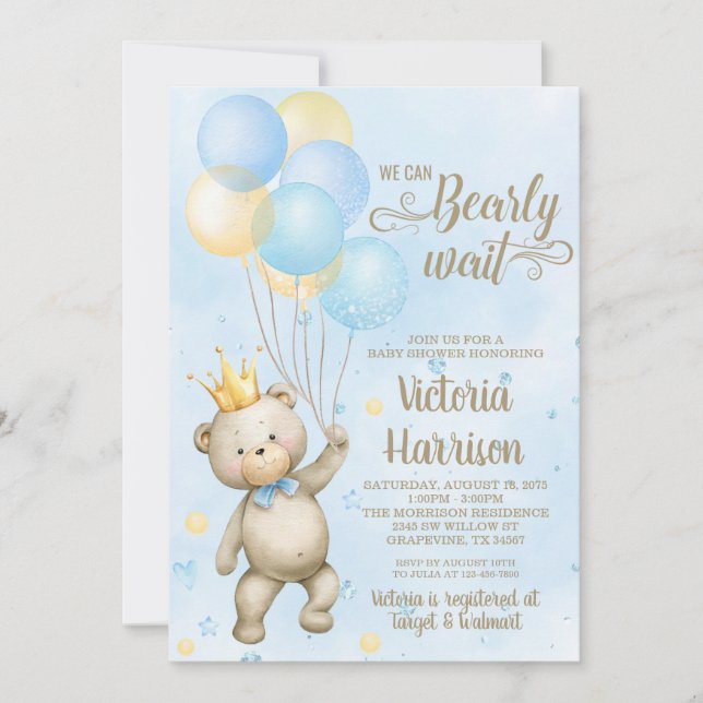Bear Baby Shower-inbjudan till Boy Bear Inbjudningar (Framsida)