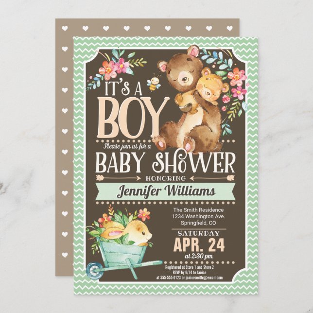 Bear Baby Shower-inbjudan till Woodland Bear Baby  Inbjudningar (Fram/baksida)