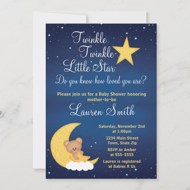 Bear Baby Shower-inbjudan Twinkle Little Star Inbjudningar (Framsida)