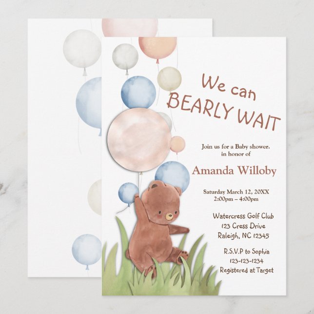 Bear Baby Shower Inbjudningar (Fram/baksida)