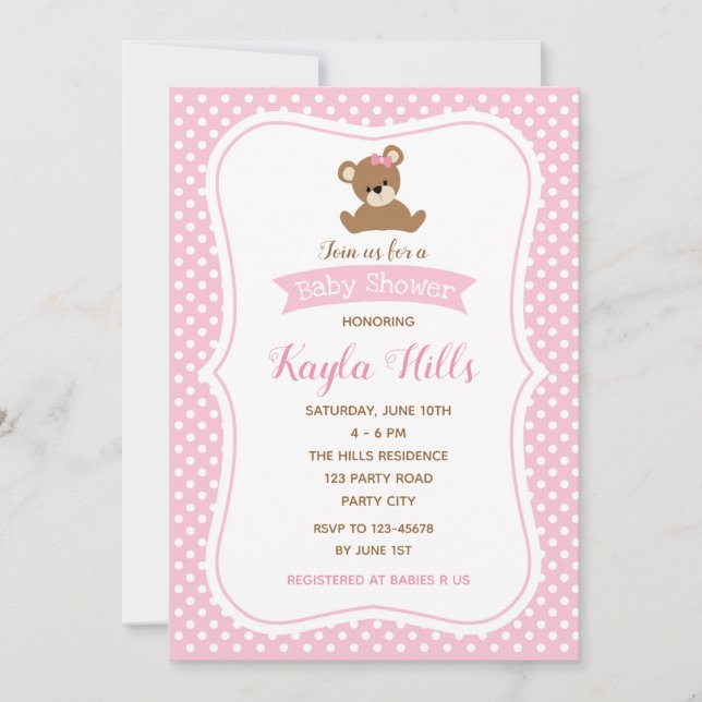 Bear Baby Shower-inbjudningar (Girl) Rosa Polka-pu Inbjudningar (Framsida)