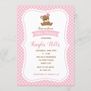 Bear Baby Shower-inbjudningar (Girl) Rosa Polka-pu Inbjudningar