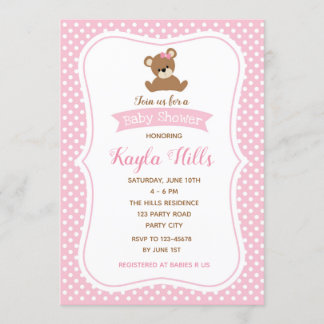 Bear Baby Shower-inbjudningar (Girl) Rosa Polka-pu Inbjudningar