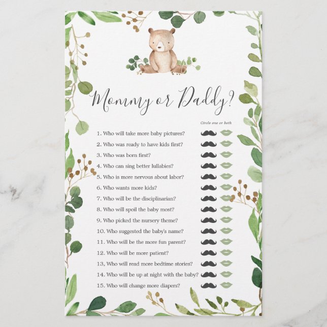 Bear Baby Shower Mamma eller pappa Game (Framsida)