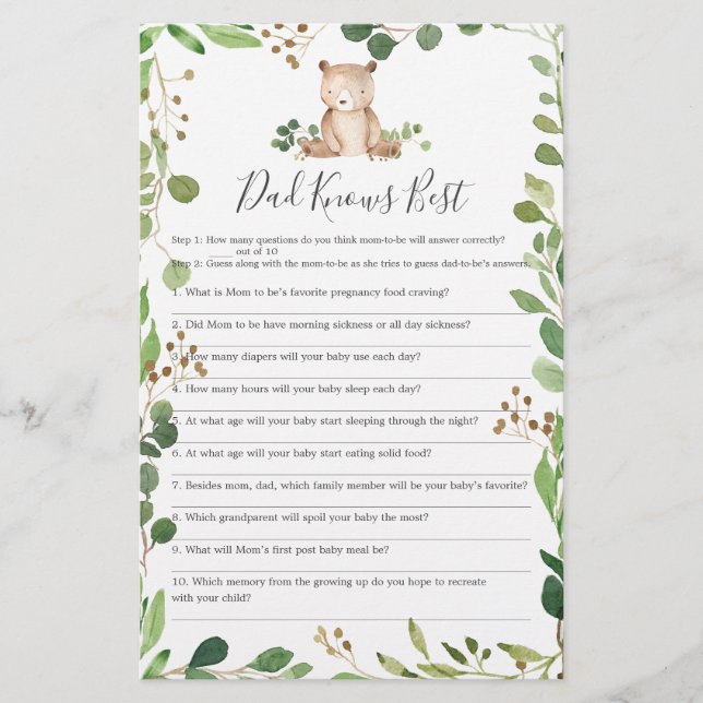 Bear Baby Shower Pappa känner till bästa spel (Framsida)