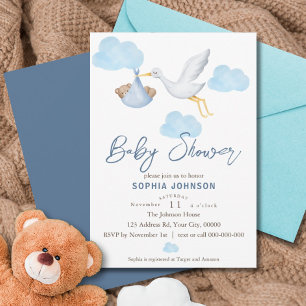 Bear Baby Shower, Pojke, Stork Delivery Inbjudningar