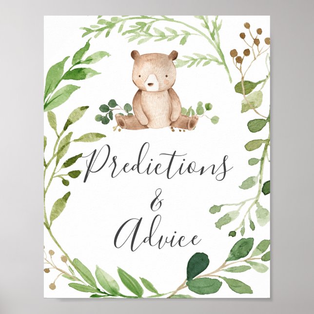 Bear Baby Shower Predictions and Advice Sign Poster (Framsidan)