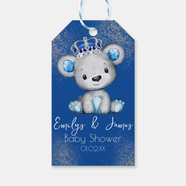Bear Baby Shower Prince Sparkly Blue Boys Presentetikett (Framsidan)