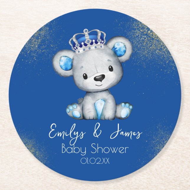 Bear Baby Shower Prince Sparkly Blue Boys Underlägg Papper Rund (Framsidan)