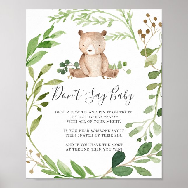Bear Baby Shower Säg inte Baby-tecken Poster (Framsidan)