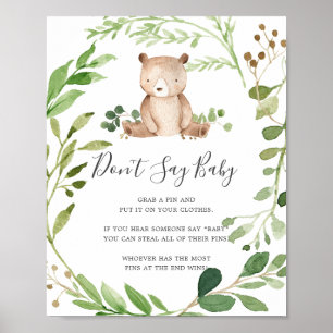 Bear Baby Shower Säg inte Baby-tecken Poster