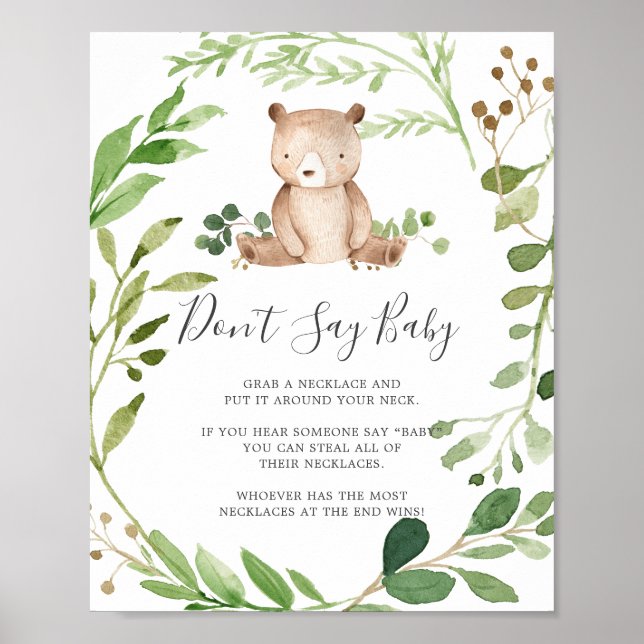 Bear Baby Shower Säg inte Baby-tecken Poster (Framsidan)