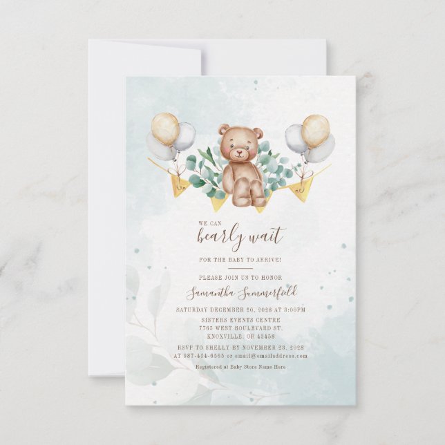 Bear Baby Shower Script Eucalyptus Greenery Inbjudningar (Framsida)