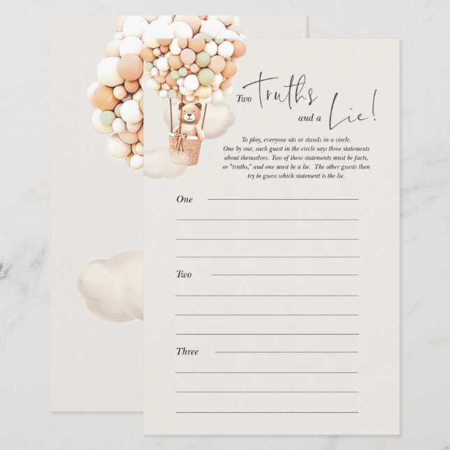 Bear Baby Shower-spel - 2 turer och en Ljug (Fram/baksida)
