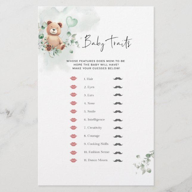 Bear Baby Shower-spel - Baby-fack (Framsida)