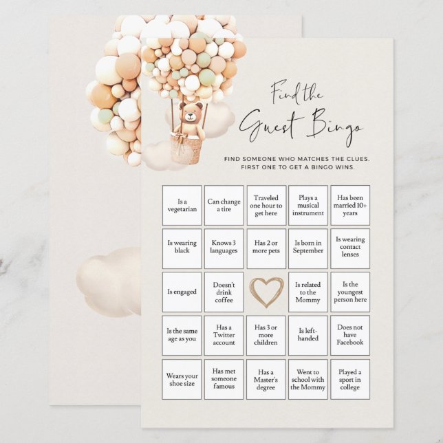 Bear Baby Shower-spel - Hitta gästbingo (Fram/baksida)