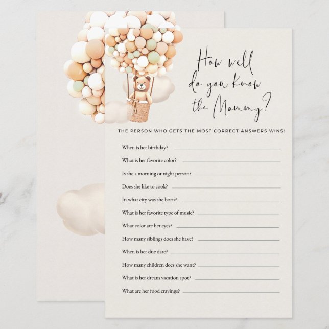 Bear Baby Shower-spel - Hur bra vet du Mamma? (Fram/baksida)