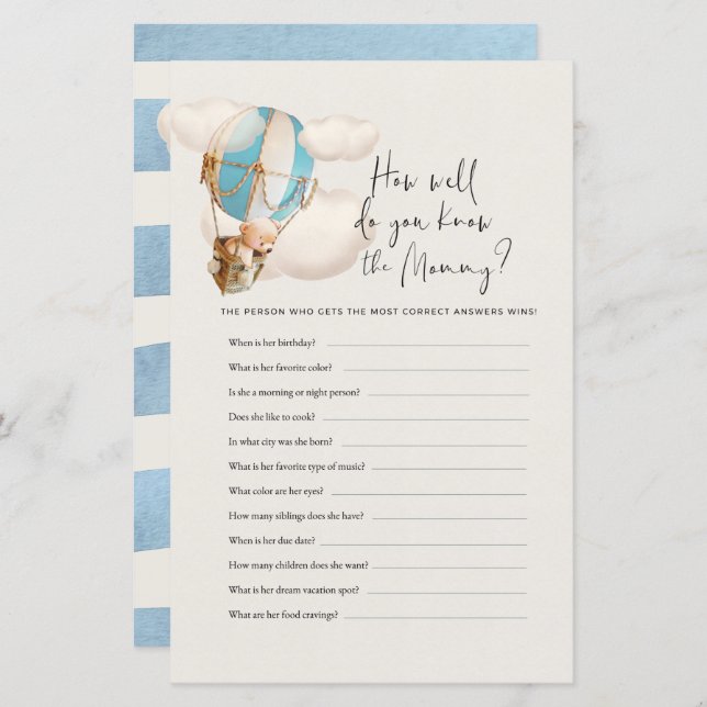 Bear Baby Shower-spel - hur bra vet du Mamma? (Fram/baksida)