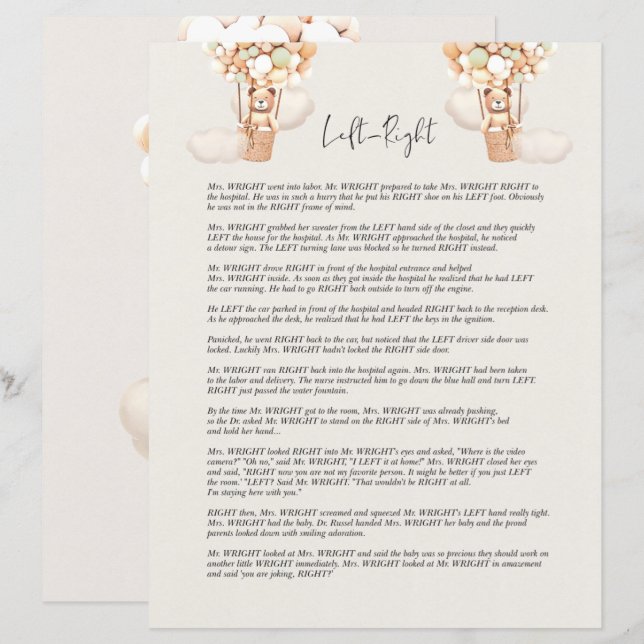 Bear Baby Shower-spel - Lämnat eller Höger? (Fram/baksida)