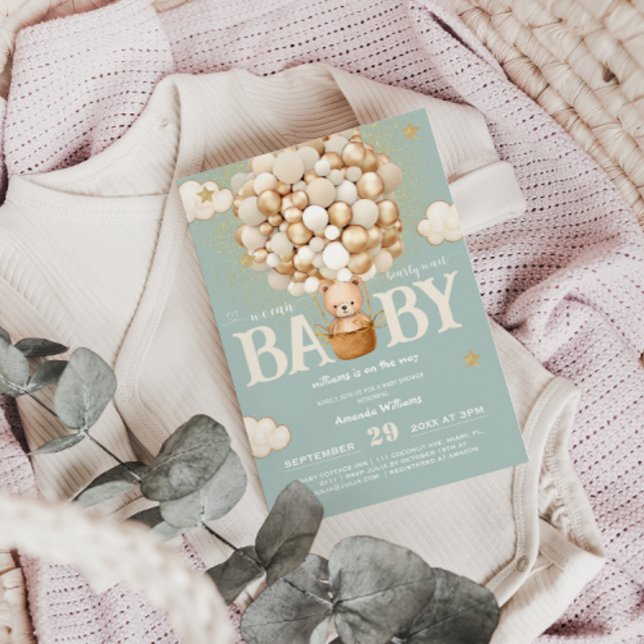 Bear Balloes Barly Wait Sage grönt Baby Shower Inbjudningar (Skapare uppladdad)