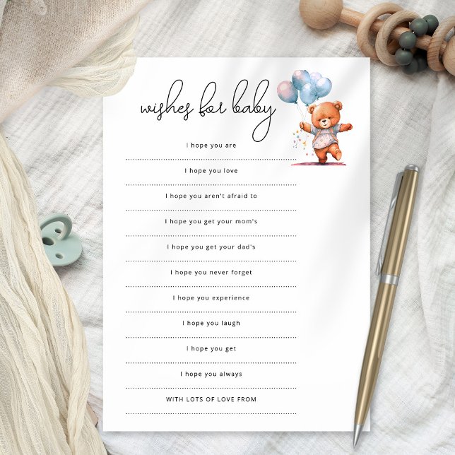 Bear Ballog Önskemål for Baby Shower Game Card Inbjudningar (available as a printable digital download or printed)