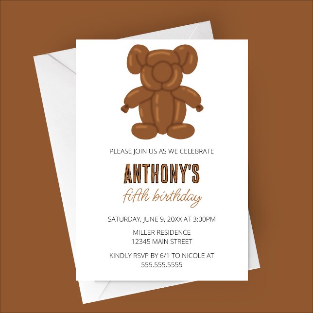 Bear Balloon Animal Födelsedagsfest Inbjudningar (Brown Bear Balloon Animal Birthday Party Invitation)