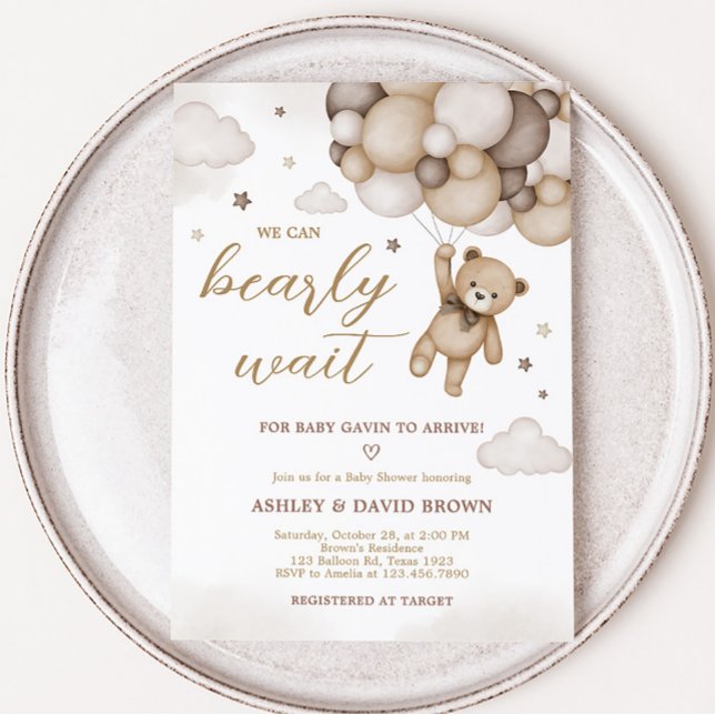 Bear Balloon Baby Shower Inbjudningar (Brown Boho Bear Baby Shower Invitation)