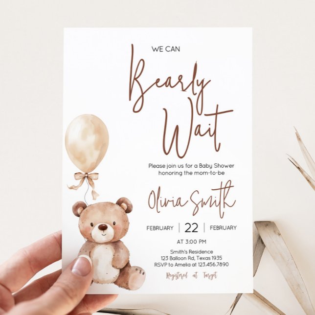 Bear Balloon Baby Shower Inbjudningar (Minimalist Brown Bear Balloon Baby Shower Invitation)