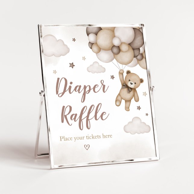 Bear Balloon Baby Shower Raffle Poster (Brown Boho Bear Baby Shower  Diaper Raffle Sign)
